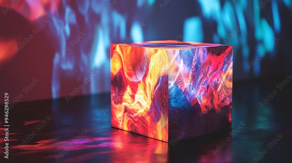 Poster a conceptual digital artwork featuring a box with vibrant abstract patterns projected onto it creati