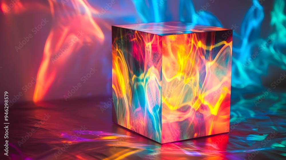 Poster vibrant conceptual image of a box with abstract geometric patterns projected onto it creating an ill