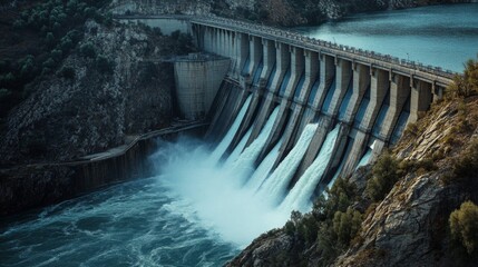 A detailed view of the spillway and floodgates of a large dam, showing the controlled release of water and the surrounding rugged terrain.