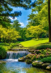 Obraz premium A small waterfall in the middle of a lush green park