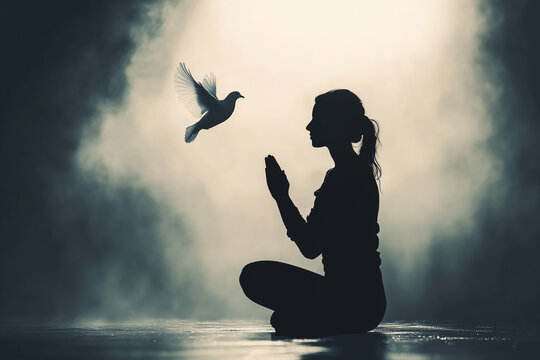 Prayerful Woman Kneels in Reverence with the Holy Spirit’s White Dove Descending from Above, Symbolizing Spiritual Renewal, Divine Blessing, and a Moment of Deep Christian Faith