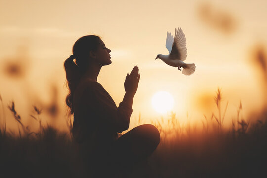Woman Prays on Bended Knee as the Holy Spirit Descends as a White Dove, Depicting Themes of Faith, Divine Intervention, and the Powerful Presence of God’s Grace in Worship - Powered by Adobe