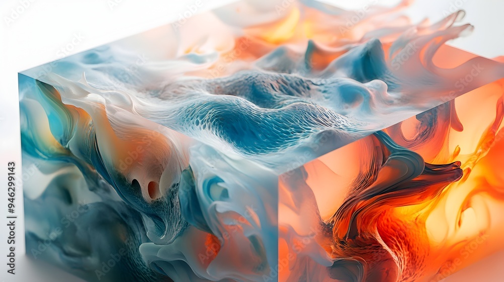 Poster fluid box a dynamically evolving abstract conceptual artwork featuring a box covered in fluid abstra