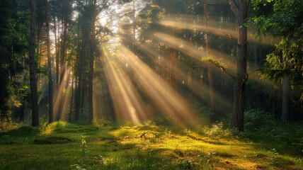 Obraz premium an image of a forest clearing with sunbeams breaking through the trees
