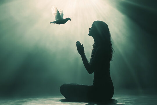 A Devout Woman Kneeling in Prayer as the White Dove of the Holy Spirit Descends, Symbolizing Divine Presence, Faith, and Spiritual Connection in a Moment of Christian Worship and Surrender
