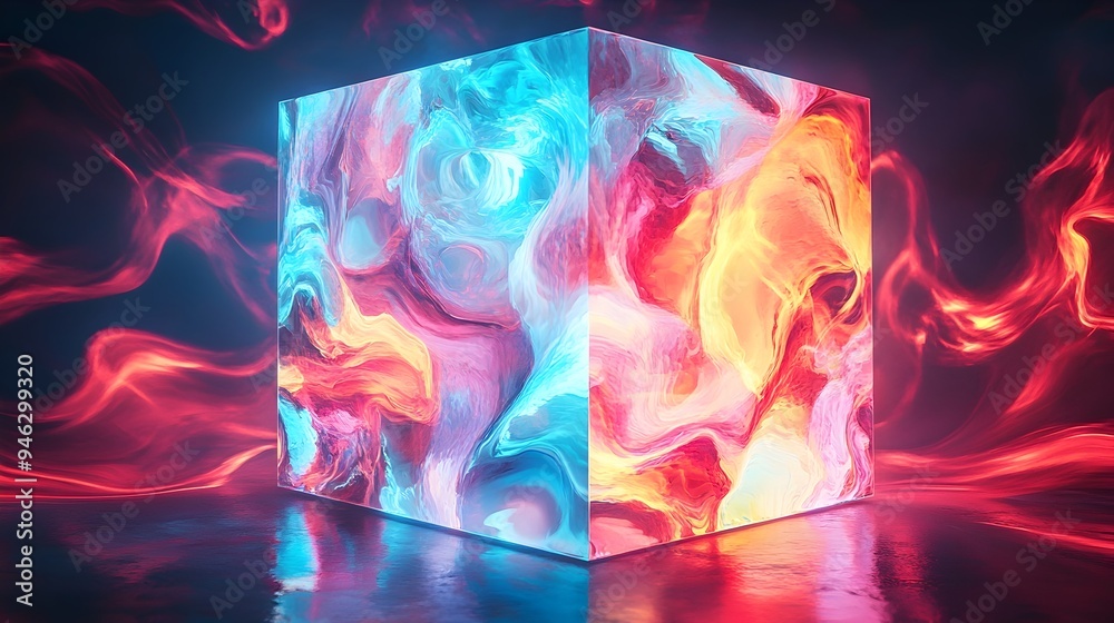 Poster conceptual image of a box covered in fluid abstract designs that change shape as the light moves acr