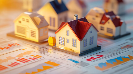 Real estate market analysis, property icons with financial graphs, 3D illustration