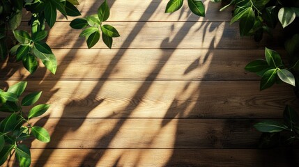 Green leaves casting shadows on a wooden surface.