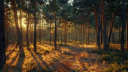 Obraz premium an image of a forest in late afternoon with long shadows and warm light