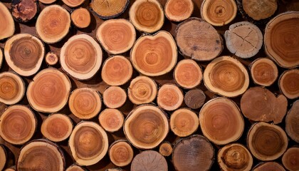 pile of naturial log round teak wood tree stump texture background pattern use for interior wall decoration
