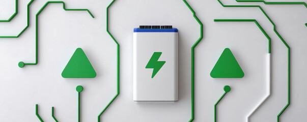 Obraz premium A modern battery design with charging symbol on circuit board background, representing energy technology and innovation.
