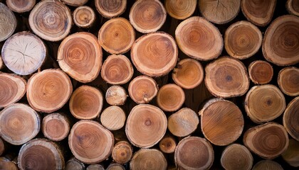 pile of naturial log round teak wood tree stump texture background pattern use for interior wall decoration
