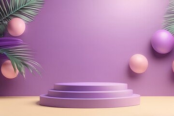 purple summer concept with empty podium for showing product decorate with summer beach ball, tree on pastel background.