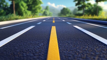 Obraz premium A long, straight asphalt road with yellow lines leading to a horizon of trees and mountains.