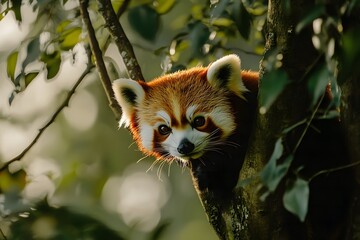 Fototapeta premium Red panda hanging on a tree branch