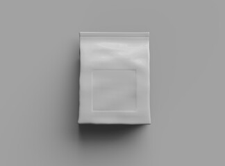 Render of a glossy sealed doypack package with window hole on light background