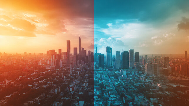 Visual of a city divided by economic policy lines, illustrating the impact of different economic approaches, concept of urban economic divergence1