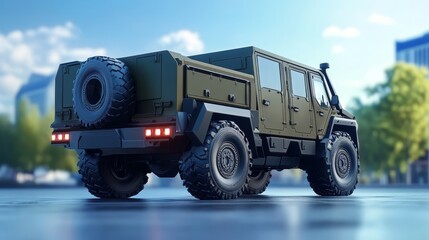 A military-style truck with a spare tire mounted on the back, parked in an urban setting. The truck is in focus, and the background is blurred.