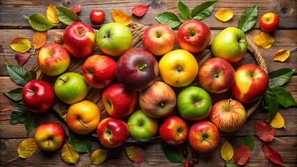 A vibrant arrangement of fresh, juicy apples in various shades of red, green, and golden yellow, artfully scattered on a rustic wooden table surface.