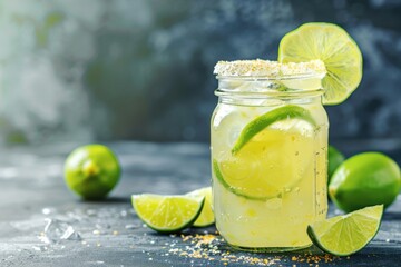 Agave syrup Margarita with agave syrup and lime, served in a mason jar, desert background, copy space for text