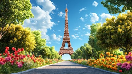 Fototapeta premium A picturesque path lined with vibrant flowers leads towards the iconic Eiffel Tower, bathed in the golden light of a sunny day.