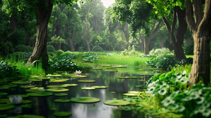 Fototapeta premium an image of a peaceful forest clearing with a small pond and lily pads