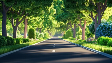 Obraz premium A scenic road lined with lush trees, sunlight filtering through the leaves.