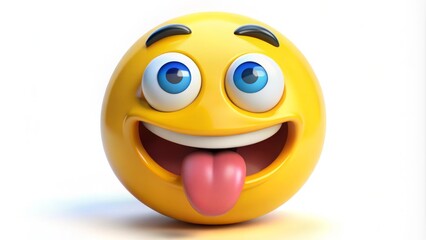 Fototapeta premium A vibrant yellow emoticon character sticking out a playful blue tongue, conveying a lighthearted and humorous expression on a white background.