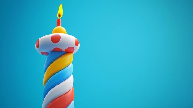 A single lit birthday candle with colorful stripes and polka dots against a blue background.