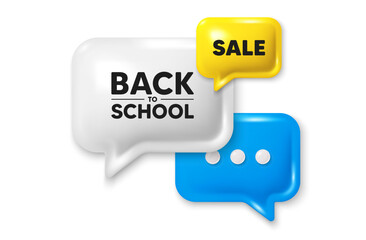 Back to school tag. Offer speech bubble 3d icon. Education offer. End of vacation slogan. Back to school chat offer. Speech bubble sale banner. Discount balloon. Vector