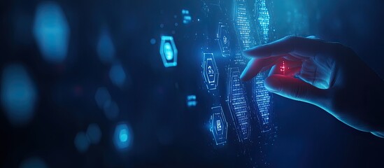 Digital technology background with web icons, a hand touching a button labeled and hexagon shapes on a dark blue, glowing digital screen of a global network connection Generative AI