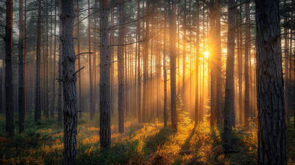 Obraz premium the beauty of a forest at sunset with warm light filtering through the trees