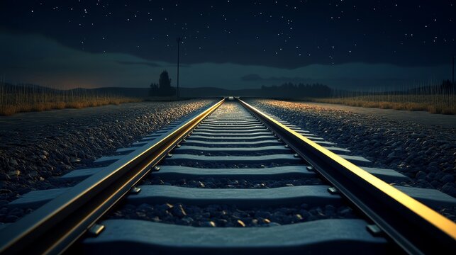 A solitary set of train tracks disappearing into the distance under a starry night sky.