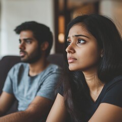 Abstract Depiction: Indian Couple Reconciling After Argument. Woman Calming Upset Man on Sofa, Showcasing Support and Care. Cultural Relationship Dynamics, Conflict Resolution, and Emotional Healing i