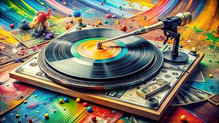 A vinyl record spins on a turntable surrounded by scattered banknotes, paint-splattered brushes, and vibrant artwork, fusing creative expression with financial success.