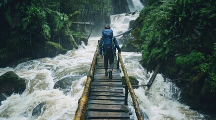 Adventurer crossing raging river on a wooden bridge in the rainforest
