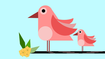 Illustration of pink birds on tree. abstract background.