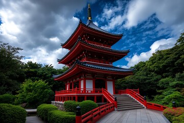 Japanese vermillion roof of a pagoda, depicted in an artwork where the color is contrasted against a dramatic sky filled with clouds
