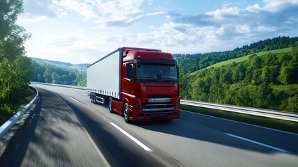 A red semi truck driving down a highway with trees in the background