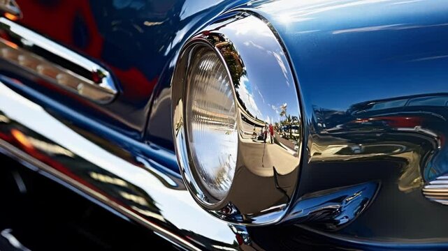 Vintage car gleaming in sunlight, reflecting visitors at car show, evoking nostalgia and luxury, symbolizing american culture and lifestyle