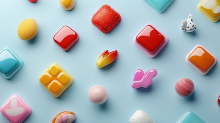 A colorful assortment of candies and sweets arranged on a light blue surface.