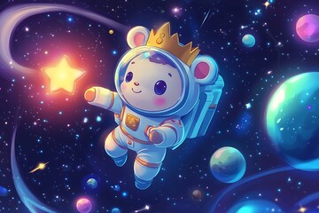 Chibi Bear Astronaut King of the Galaxy: Cute Anime Space Explorer with Glowing Star Surrounded by Planets in Vibrant Colors