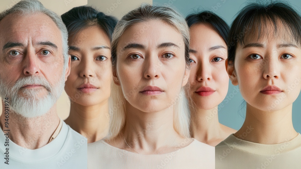 Fototapete a group of five individuals of different ages and backgrounds stands together, displaying a range of