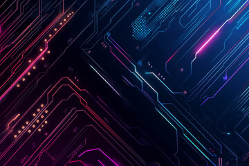  Abstract representation of a circuit board with glowing neon lines and geometric patterns against a dark background. The image evokes a high-tech, futuristic feel with ample copy space
