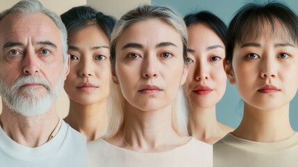 Obraz premium A group of five individuals of different ages and backgrounds stands together, displaying a range of thoughtful expressions under soft lighting. Generative AI