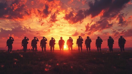 Fototapeta premium USA Army soldiers saluting at sunset, emphasizing military honor and patriotism