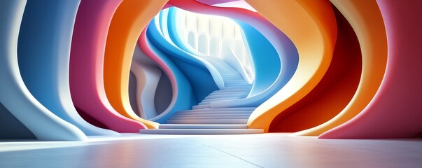 Obraz premium Abstract colorful tunnel with curved walls and bright light at the end.