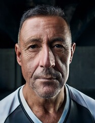 Fototapeta premium Close-up portrait of a mature man between 50 and 60 years old, masculine, with tanned skin, wearing sportswear, serious, thoughtful.