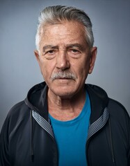 Close-up portrait of a mature man between 50 and 60 years old, masculine, with tanned skin, wearing...