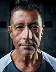 Fototapeta premium Close-up portrait of a mature man between 50 and 60 years old, masculine, with tanned skin, wearing sportswear, serious, thoughtful.